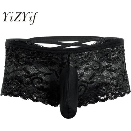 Sexy Men Boxer Lace Underwear Lingerie Lace Criss-cross Back Boxer Underwear Underpants with Closed Penis Sheath Boxer Panties