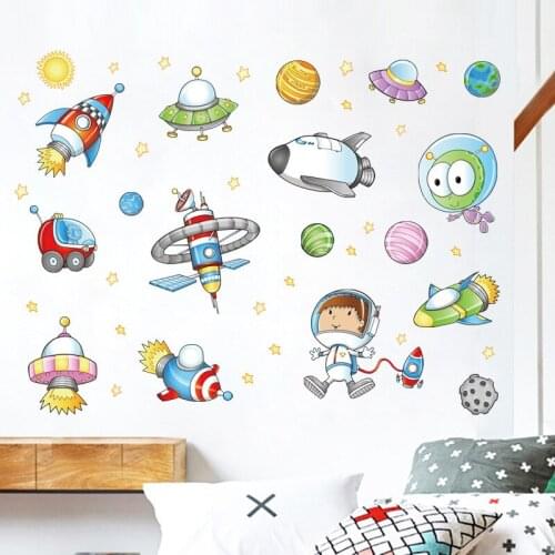 HOT Space Astronaut Cartoon Wall Sticker For Childrens Bedroom Living Room Wall Decals Kids Rooms Peel And Stick Wall Tile