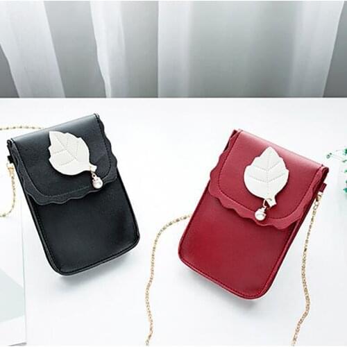 Mini Cell Phone Bag Shoulder Pocket Pouch Case Chain Strap Cute Pearl Leaf Decoration Lady Messenger Bag Universal Pu Leather