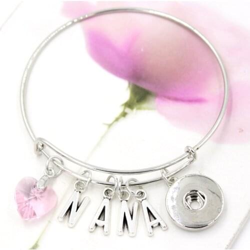 Snap Bangle Bracelet Pink Crystal Heart Initial Letter NANA Charms Bracelets for Youth Gifts