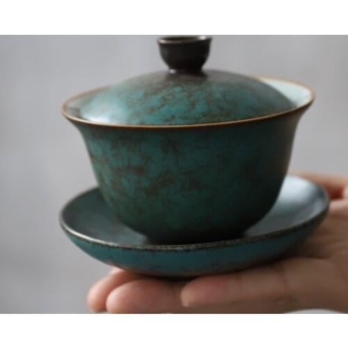 LUWU green ceramic gaiwan teaup Kung fu tea sets drinkware