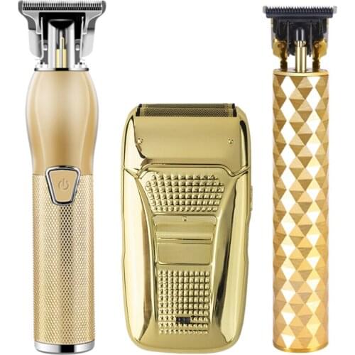 Professional Barber Gold Hair Clipper Set Rechargeable Electric T-Outliner Finish Cutting Machine Cordless Beard Trimmer Shaver