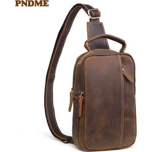 Simple genuine leather mens chest bag retro high-quality natural crazy horse cowhide shoulder bag daily sports messenger bags