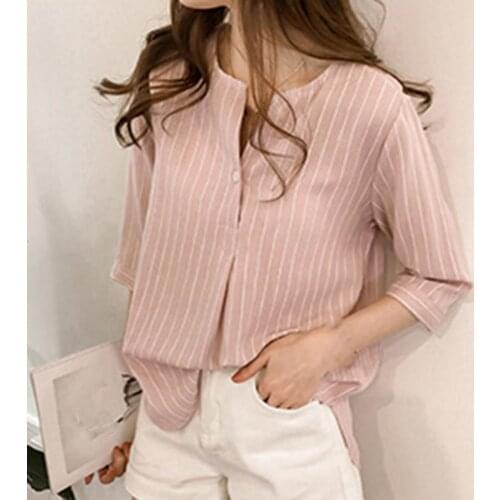 Womens Shirts Fashion Stripe 3/4 Sleeve Casual Summer Top Skin-friendly Breathable Round Neck Buttons Loose Ladies Blouse