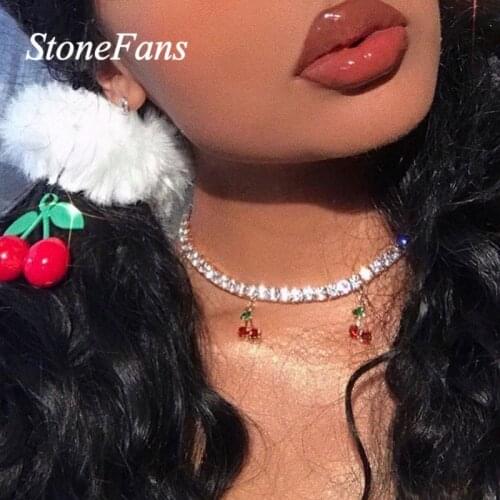 Stonefans Luxury Jewelry Cherry Tennis Necklace Choker Chain for Women Cute Charm Pendant Necklace Crystal Choker Jewellery