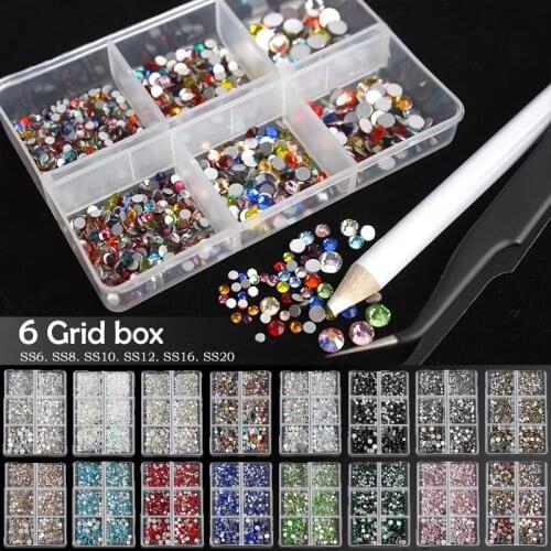 Six boxed nail art Non Hotfix Rhinestone stone1000pcs mixed size small round diamond gift pick pen for nail decoration