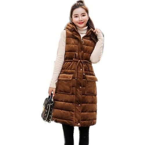 High Quality 2018 New Pleuche Winter Women Medium-Long Vest Female Hooded Button Waistcoat Down Cotton Vest With Belt Mujer Q461