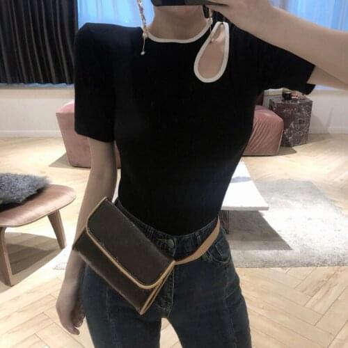 Women Short Sleeve Harajuku Knitted T-shirt Harajuku Black Tops Summer Solid Color Female Tshirt Slim Tee Tops