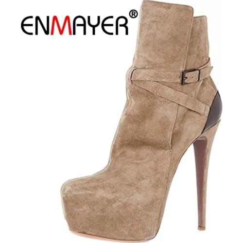 ENMAYER Brand Women Ankle Boots 2020 Pointed Toe 4.75 Inches Chunky High Heels Black Gray Gold White Shoes US Size 5-15 CR482