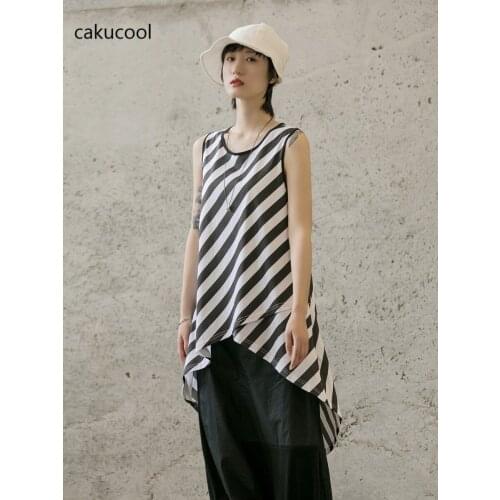 Cakucool 2019 Summer dark wind stripes irregular cross-length long casual loose vest women