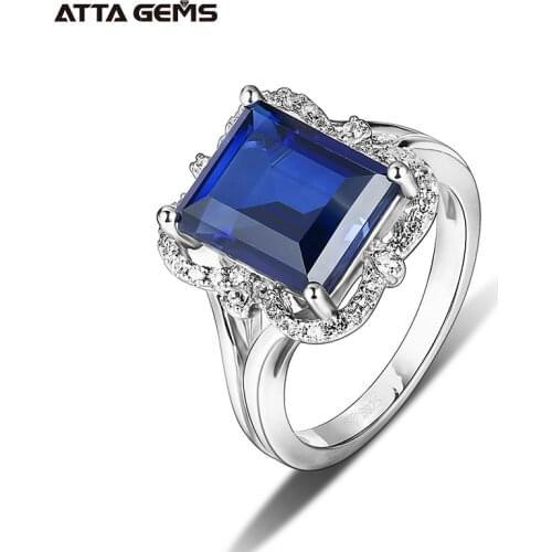 Blue Sapphire Sterling Silver Rings Classic Design 3.2 Carats Created Sapphire Baguette Cut Women