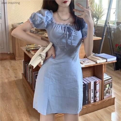 2021 Summer New Lace Dress Womens Gentle and Sweet Puff Sleeve Bowknot Solid Color Waist Slimming Fashion Split Skirt