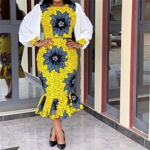 Women Printed Dress O Neck Patchwork Long Sleeves Midi Flower Bodycon African Fashion Large Size Ladies Package Hip Female Robes