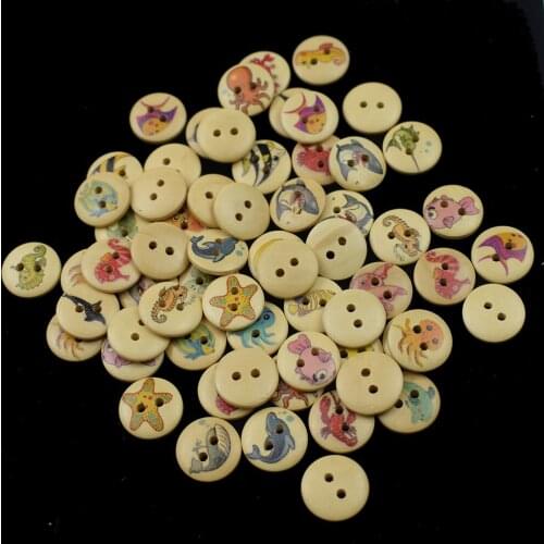 100PCS 15MM Round Shaped Wooden Buttons Cute Fish Pattern 2 Holes Mixed Wood Buttons for Sewing Clothing Scrapbooking DIY Craft