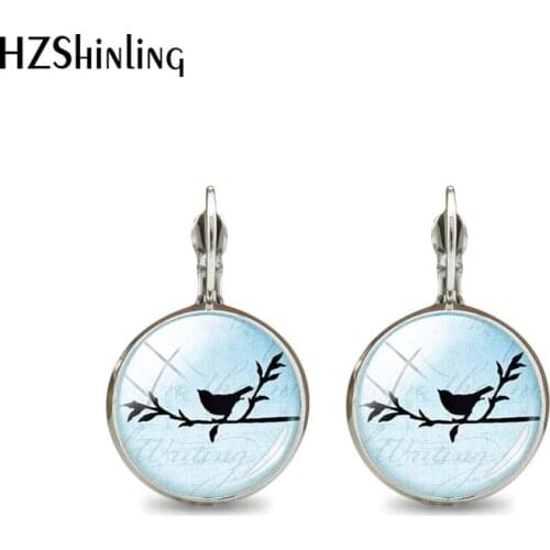 2018 Fashion New Cute Bird Sport Clip Earring For Women Glass Cabochon Dome Round Charms Earrings Blue Bird Jewelry Gift
