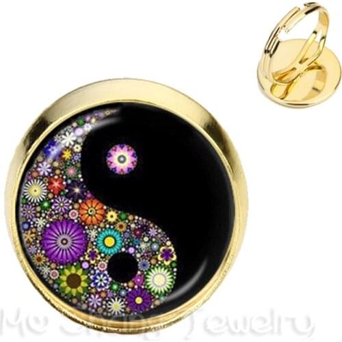 2018 New Yin Yang Peace Tree of Life Time Gem Rings Tai Chi Trendy Glass Dome Adjustable Golden Plated 2 Color Rings