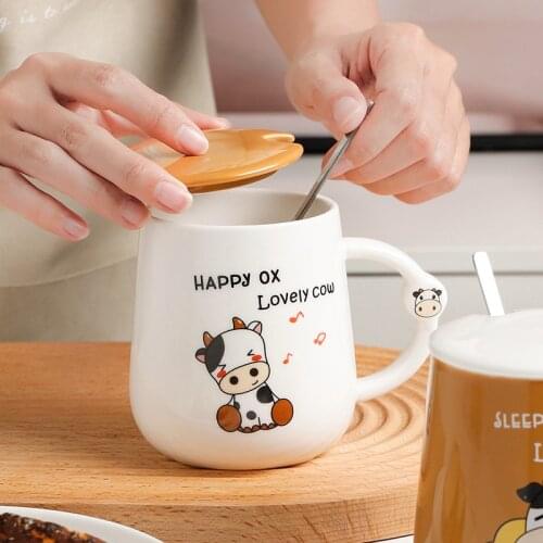 350ml Creative Animal Ceramic Mugs Kawaii Cow Coffee Mug with Lid Spoon Cow Cup Breakfast Mug Ladies Afternoon Tea Cups