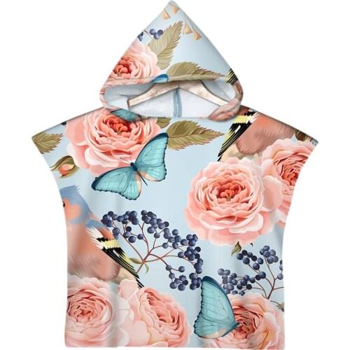 Free shipping Chic Peony Flower Bird Butterfly Teapot Cup Baby Kids Hooded Towel Pool Beach Poncho Towel Cape Novelty Gift