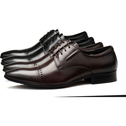 Large Size EUR45 Pointed Toe Black / Deep Brown Oxfords Mens Business Shoes Genuine Leather Formal Wedding Dress Shoes