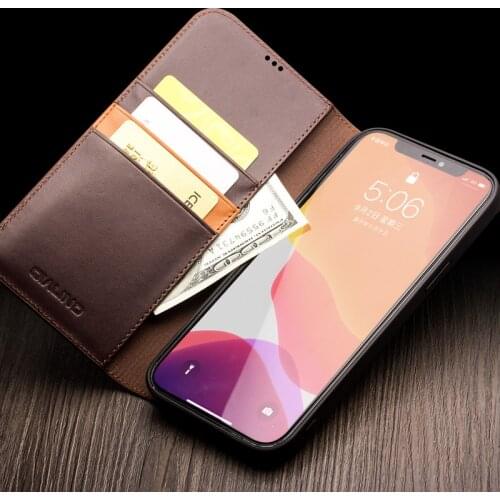Full Grain Real Genuine Cowhide Leather Cover For iPhone 12 Pro Max Retro Business Flip Phone Case Wallet Bag For iPhone12 Mini