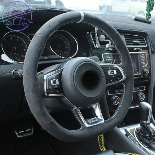 Car Steering Wheel Cover For VW Volkswagen Golf 7 Golf R MK7 VW Polo GTI Scirocco 2015 2016 Black suede Genuine Leather