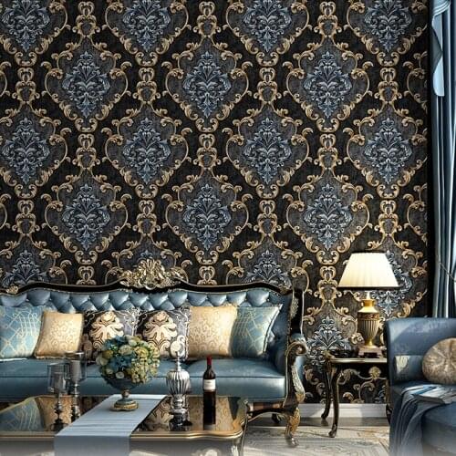 European Geometric Luxury Damask 3D Embossed Non-woven Blue Black Wallpaper for Bedroom Living Room Wall Paper Roll Home Decor