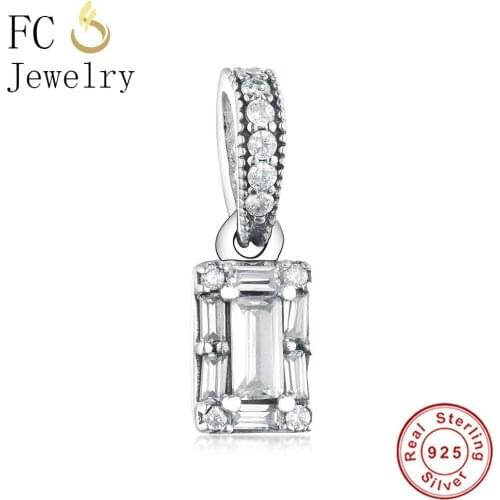 FC Jewelry Fit Original Brand Charm Bracelet 100% 925 Silver Rectangular Sauqre Zirconia Crystal Bead Pendant Making Berloque