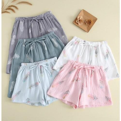 JULYS SONG Summer Cotton Couples Pajamas Shorts Casual Elastic Waist Women Bottoms Seamless Feather Printed Pyjama Short Pants