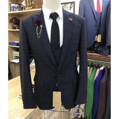 Classic Lattice Dark Blue Suits Men 3 Pieces Slim Fit Mens Wedding Suits Luxury Blazer Groom Tuxedo Jacket with Pants Vest Set