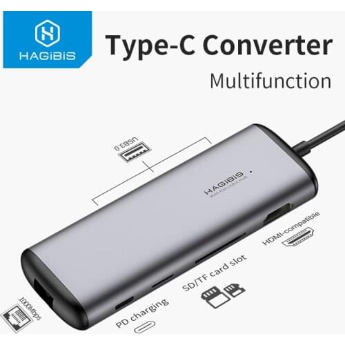Hagibis USB C HUB USB to HDMI-compatible USB 3.0 RJ45 Carder Reader PD Adapter Type C USB 3.0 Dock Video Converter for Macbook