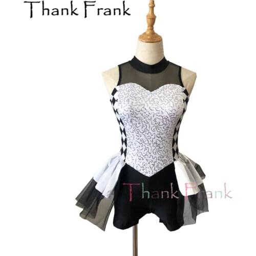 Sequin Girls Jazz Tap Costume Women Black And White Modern Dance Costumes Kids Sleeveless Short Unitard Dress For Dancing C618