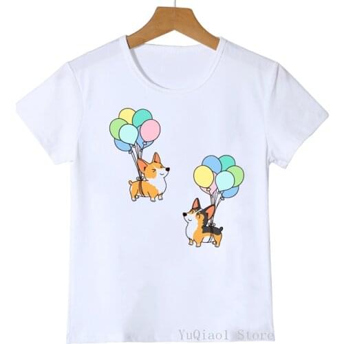 Hot sale funny Corgis dog love Rainbow balloon cartoon print kids clothes girls/boys t shirts summer tops short sleeve tshirt