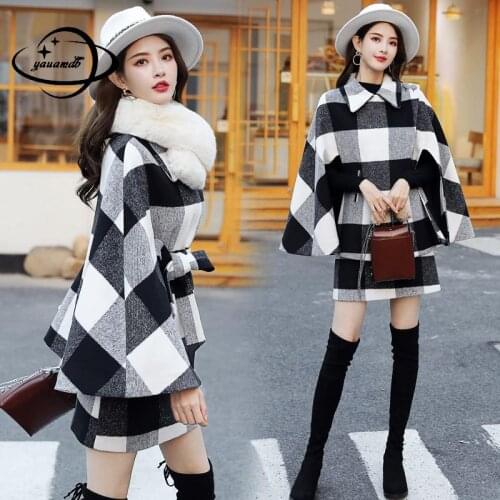 M-2XL Womens Set Winter Female Coat+Skirt 2pcs Suits Cloak Belt Batwing Sleeve Plaid Turn-Down Collar Ladies Clothes Hy165