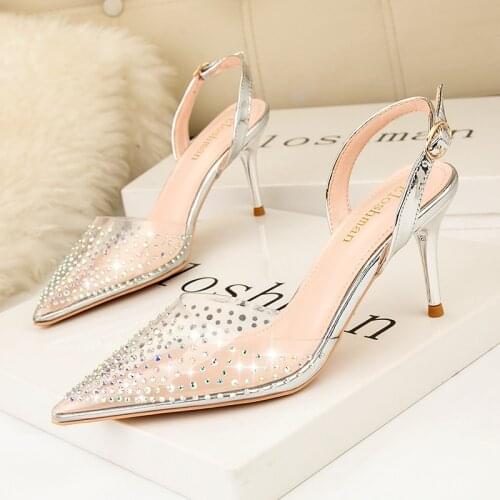 Meriahzheng Pointed Shallow Mouth High-heeled Shoes Transparent Rhinestone Sandals Fine Heel Hollow Womens Shoes ZWM