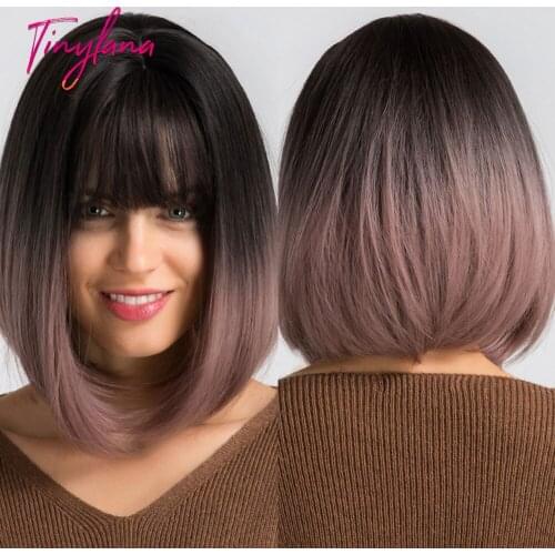 TINY LANA Ombre Black Gray Pink Wig With Bangs Short Bob Wig for Women Cosplay Party Daily Use Synthetic Bob Wigs Heat Resistant