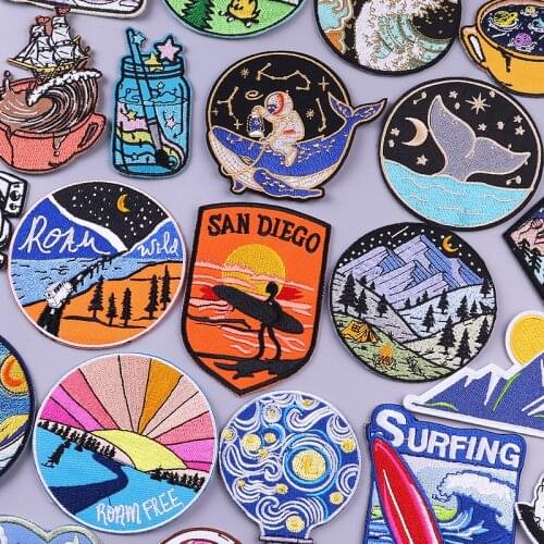 Prajna Mountain Parches Camp Adventure Embroidery Patches for Clothes Iron On Patches For Clothing DIY Stripes Van Gogh Stickers
