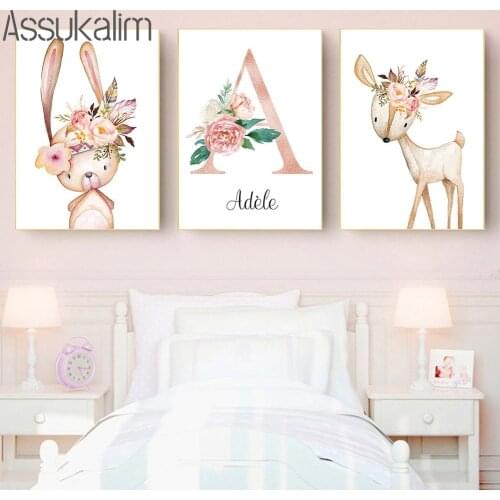 Nursery Wall Art Posters Animals Painting Custom Name Poster Fox Deer Print Peony Flower Pictures Kids Girl Bedroom Decoration