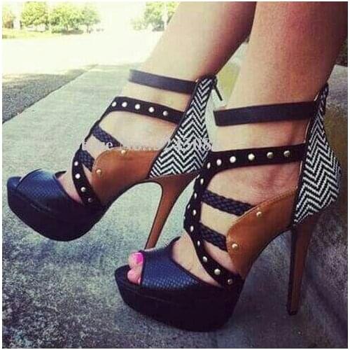 New Stiletto Heel Platform Sandals Women Fashion Peep Toe Mixed Color Pumps Single Shoes Lady Popular Banquet Shoes Dropship