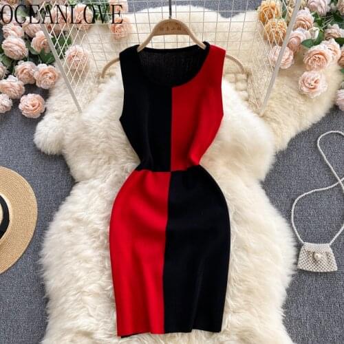 OCEANLOVE Panelled Woman Dresses Knitted Vintage Fashion Summer Bodycon Robe Femme 2021 High Waist Sexy Mini Dress Korean