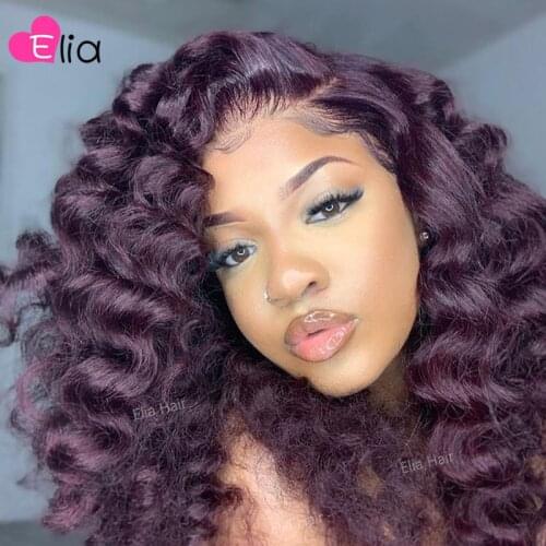 Elia Violet Colored 4x4 Lace Closure Wigs Human Hair Wig For Women Loose Wave Short Bob Wigs Peruvian Remy Human Hair 180