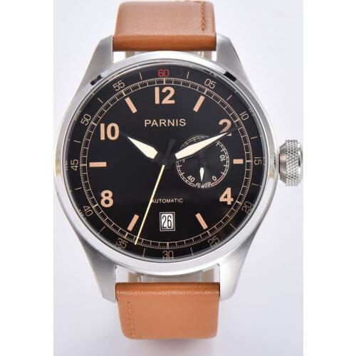 PARNIS 48mm Automatic Mens Wristwatch Power-reserve display Black Dial Auto Date 2C30 Movement big face leather strap