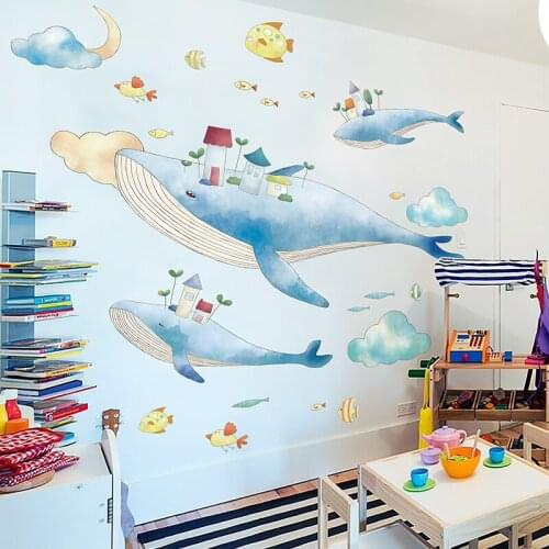[SHIJUEHEZI] Flying Whales Wall Stickers DIY Fish Clouds Wall Decals for House Kids Rooms Baby Bedroom Nursery Home Decoration
