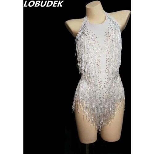 Rhinestones White Purple Red Tassel Bodysuit Female Costume Sexy Backless Stretch Bodysuits Bar DJ Singer performance Stage Wear