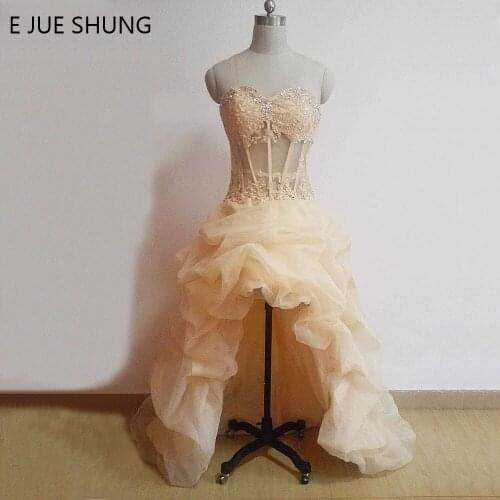E JUE SHUNG Champagne Organza High Low Wedding Dresses 2017 Sweetheart Front Short Long Back Bridal Gowns robe de mariage