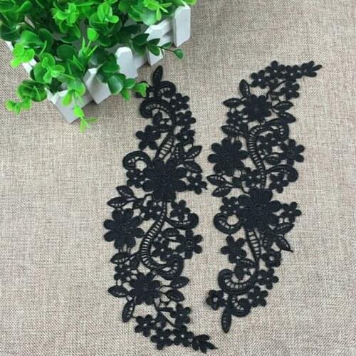 1 Pair Black Embroidered Floral Lace Collar Neckline Trimming Applique DIY