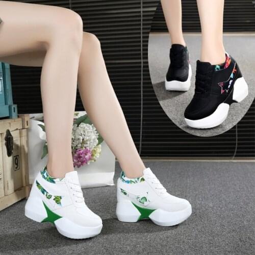 2019 Autumn Girl lace up height increasing Vulcanized shoes woman high heels wedges hidden heel platform casual sneaker shoes