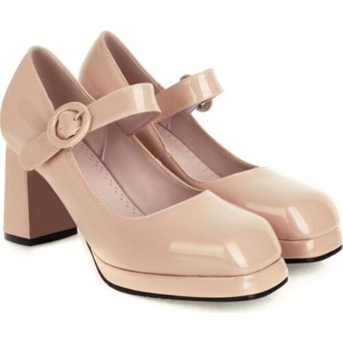 Ochanmeb Stylish Big Square Toe Chunky High Heels Shoes Women Big Size 33-48 Platform Goth Pumps Mary Jane Black Red Nude Yellow