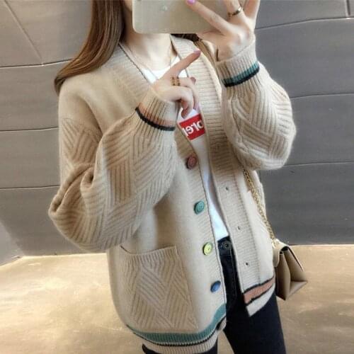 Cashmere Cardigan Sweater Women 2020 Autumn and Winter Color Matching V-Neck Casual Loose Warm knitting Jacket Streetwear Femme