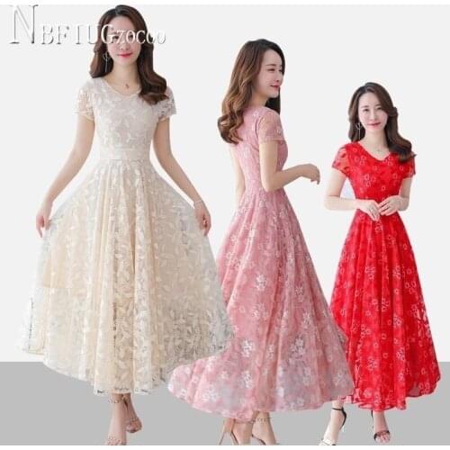 2020 Plus Size V Neck Lace Women Dress Summer Maxi Female Dresses