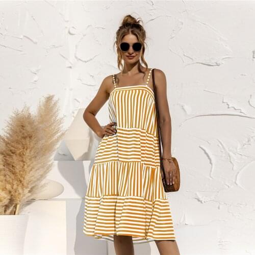2021 Summer Women New Striped Print Patchwork Sleeveless Loose Dress Off Shoulder Casual Spaghetti Strap Holiday Beach Vestidos